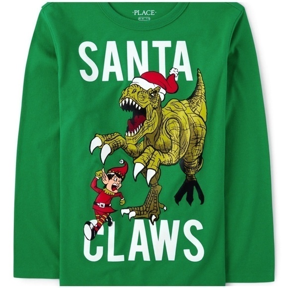 Boys Christmas dinosaur graphic long sleeve tee shirt NWT Santa Claws size 7/8 - Picture 1 of 4